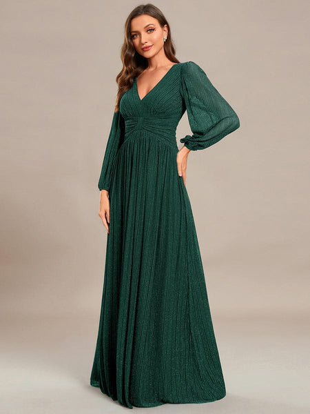 Women's Midnight Black Metallic A-Line Gown with Lantern Sleeves