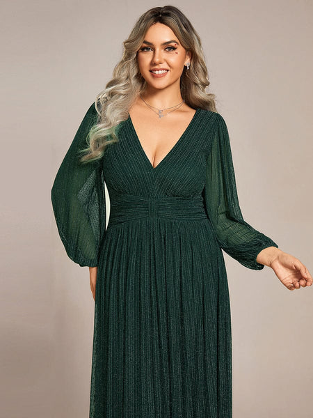 Women's Midnight Black Metallic A-Line Gown with Lantern Sleeves