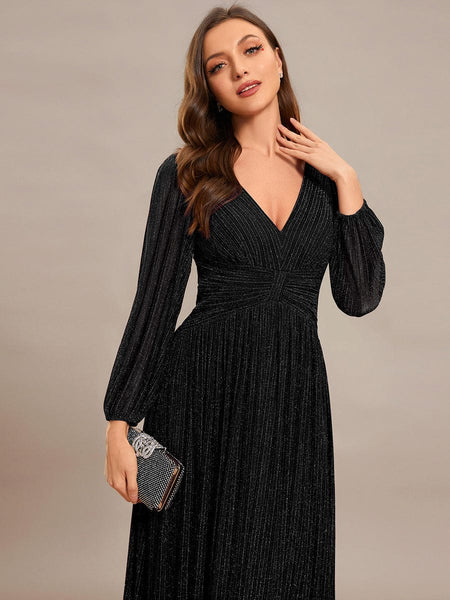 Women's Midnight Black Metallic A-Line Gown with Lantern Sleeves