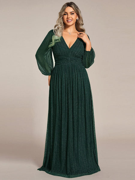 Women's Midnight Black Metallic A-Line Gown with Lantern Sleeves