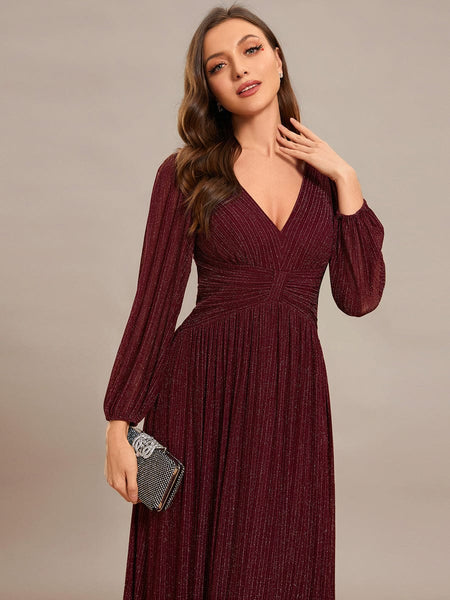 Women's Midnight Black Metallic A-Line Gown with Lantern Sleeves
