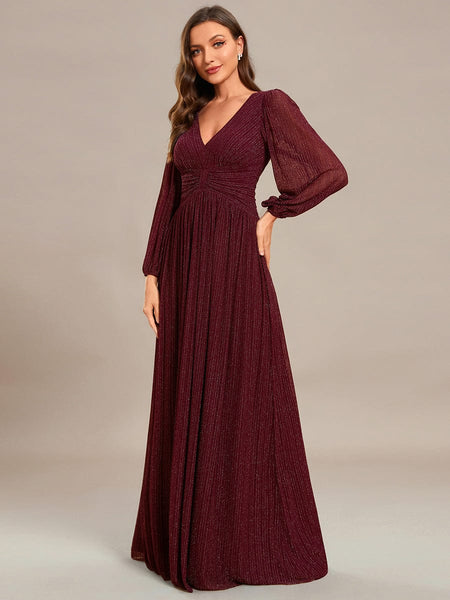 Women's Midnight Black Metallic A-Line Gown with Lantern Sleeves