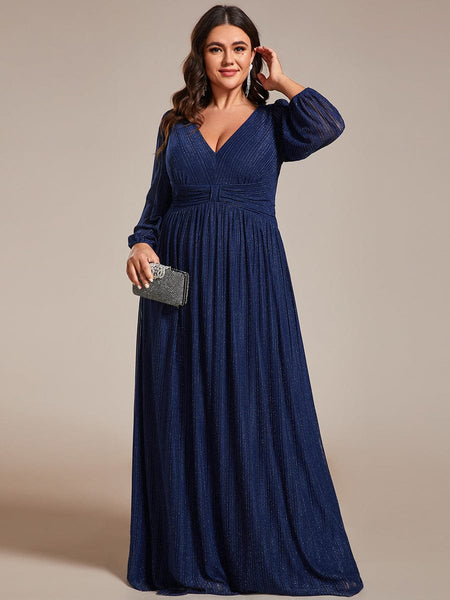 Women's Midnight Black Metallic A-Line Gown with Lantern Sleeves