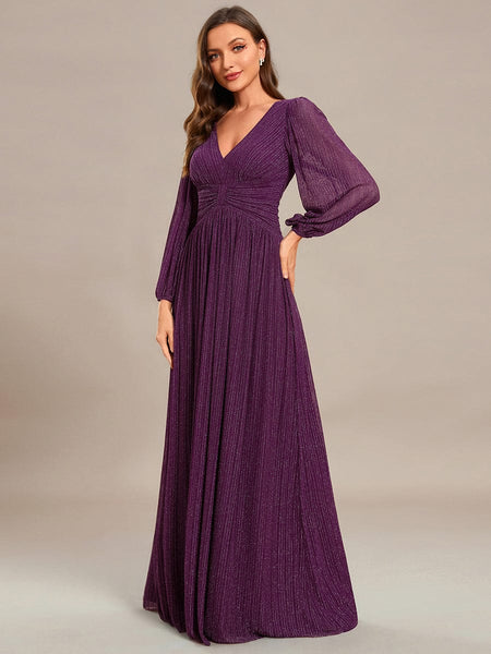 Women's Midnight Black Metallic A-Line Gown with Lantern Sleeves