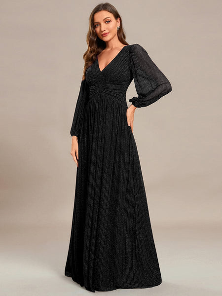 Women's Midnight Black Metallic A-Line Gown with Lantern Sleeves