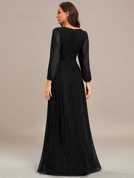 Women's Midnight Black Metallic A-Line Gown with Lantern Sleeves