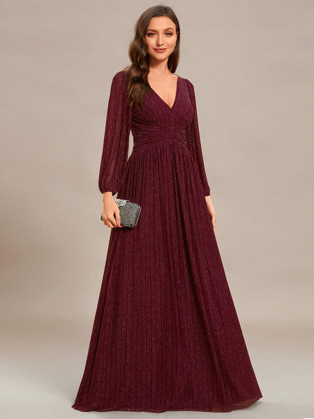 Women's Midnight Black Metallic A-Line Gown with Lantern Sleeves