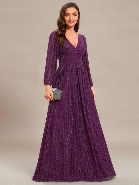 Women's Midnight Black Metallic A-Line Gown with Lantern Sleeves