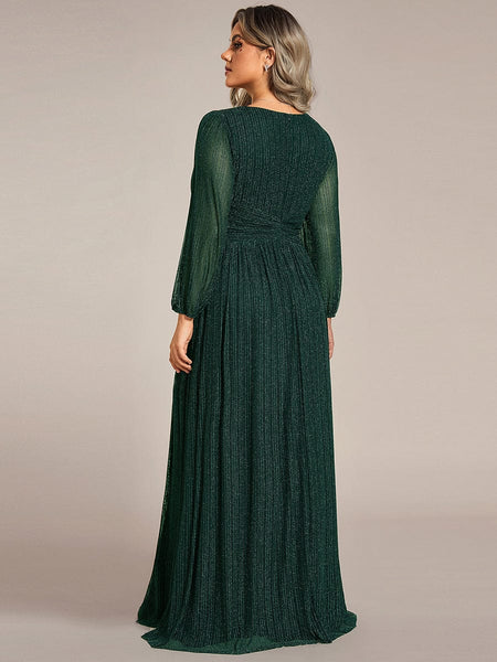 Women's Midnight Black Metallic A-Line Gown with Lantern Sleeves