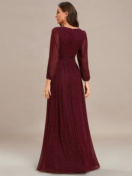 Women's Midnight Black Metallic A-Line Gown with Lantern Sleeves