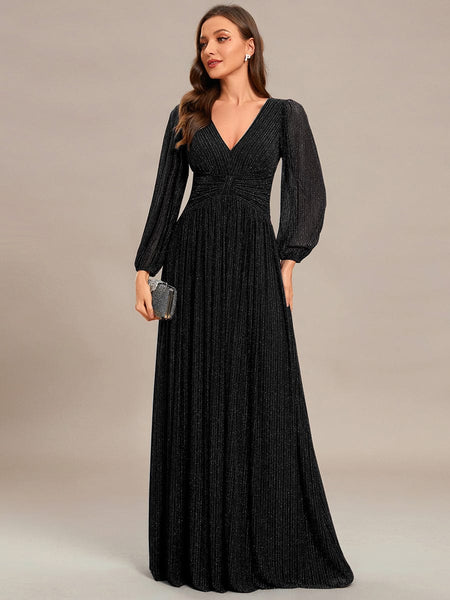 Women's Midnight Black Metallic A-Line Gown with Lantern Sleeves