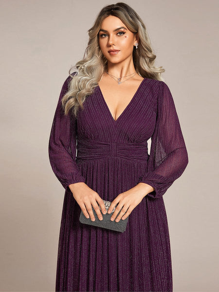 Women's Midnight Black Metallic A-Line Gown with Lantern Sleeves