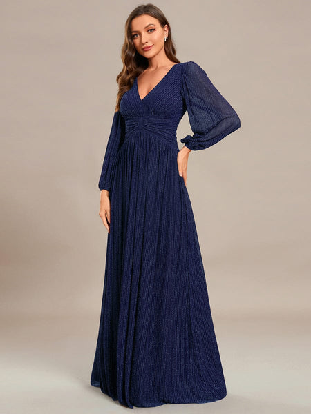 Women's Midnight Black Metallic A-Line Gown with Lantern Sleeves