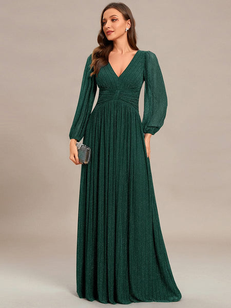 Women's Midnight Black Metallic A-Line Gown with Lantern Sleeves