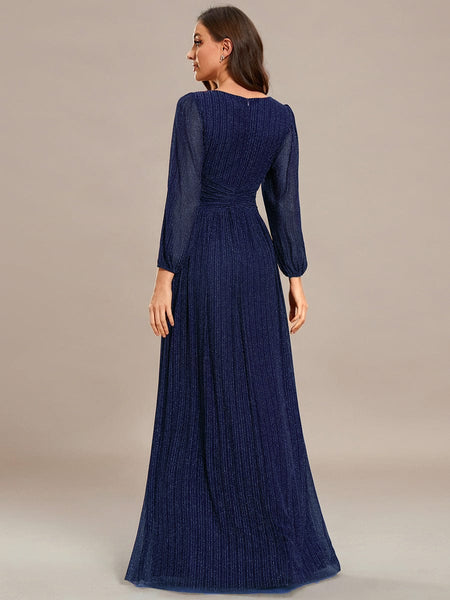Women's Midnight Black Metallic A-Line Gown with Lantern Sleeves