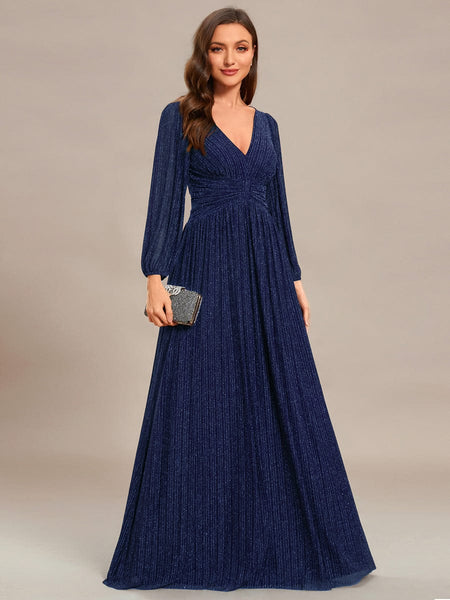 Women's Midnight Black Metallic A-Line Gown with Lantern Sleeves
