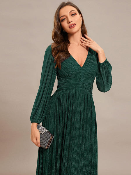 Women's Midnight Black Metallic A-Line Gown with Lantern Sleeves