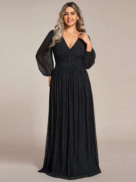 Women's Midnight Black Metallic A-Line Gown with Lantern Sleeves