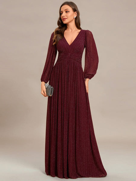 Women's Midnight Black Metallic A-Line Gown with Lantern Sleeves