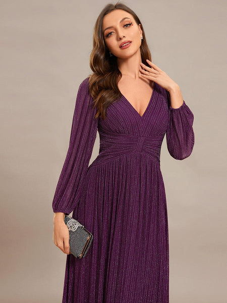 Women's Midnight Black Metallic A-Line Gown with Lantern Sleeves
