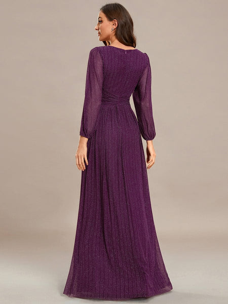 Women's Midnight Black Metallic A-Line Gown with Lantern Sleeves