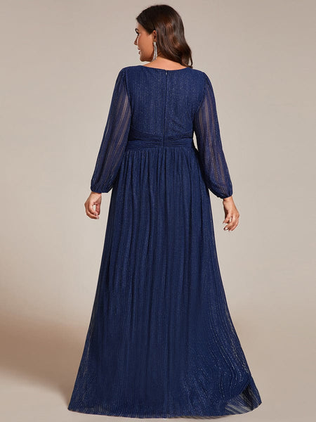 Women's Midnight Black Metallic A-Line Gown with Lantern Sleeves