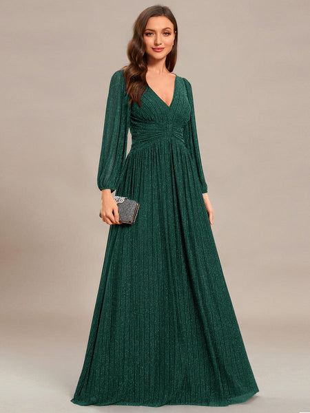 Women's Midnight Black Metallic A-Line Gown with Lantern Sleeves