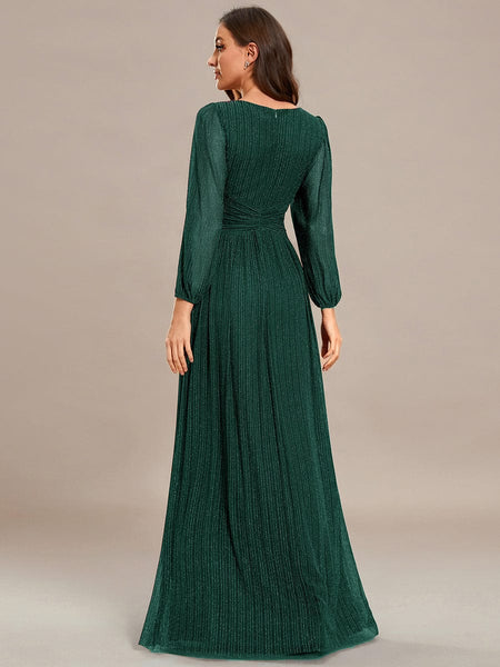 Women's Midnight Black Metallic A-Line Gown with Lantern Sleeves
