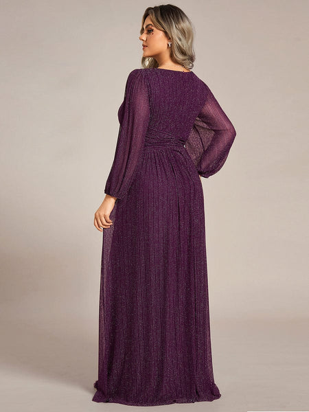 Women's Midnight Black Metallic A-Line Gown with Lantern Sleeves