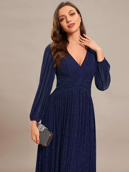 Women's Midnight Black Metallic A-Line Gown with Lantern Sleeves