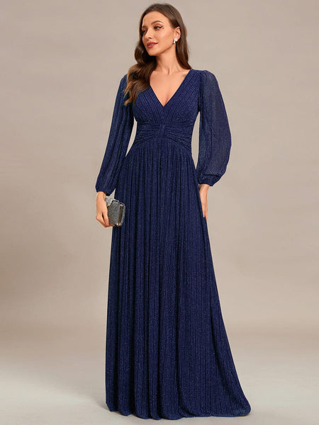 Women's Midnight Black Metallic A-Line Gown with Lantern Sleeves