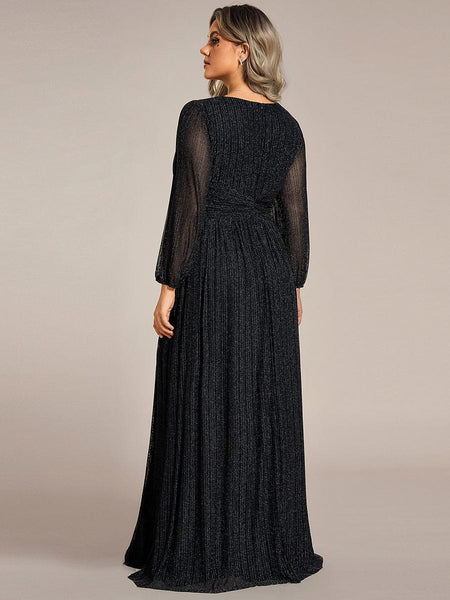 Women's Midnight Black Metallic A-Line Gown with Lantern Sleeves