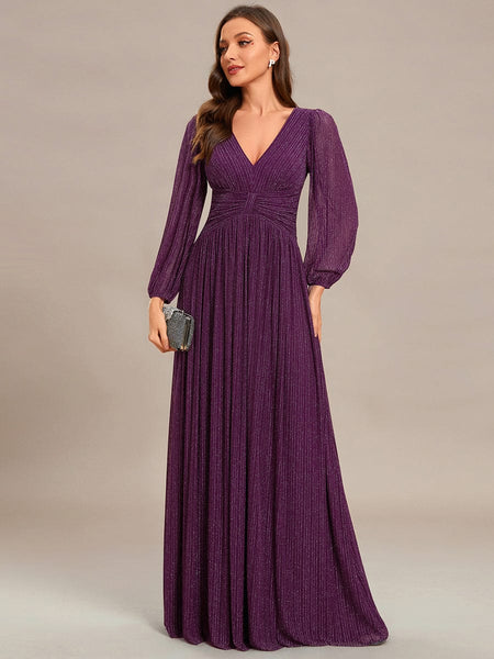 Women's Midnight Black Metallic A-Line Gown with Lantern Sleeves