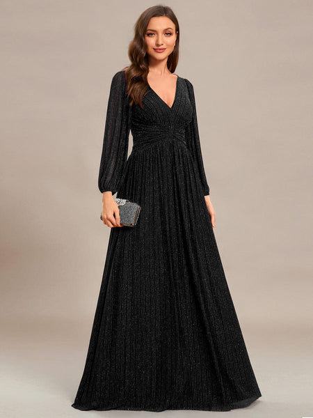 Women's Midnight Black Metallic A-Line Gown with Lantern Sleeves