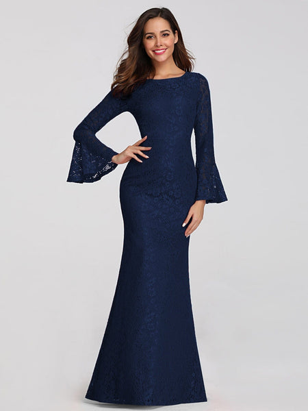 Enchanting Mermaid Evening Gown with Elegant Long Flare Lace Sleeves