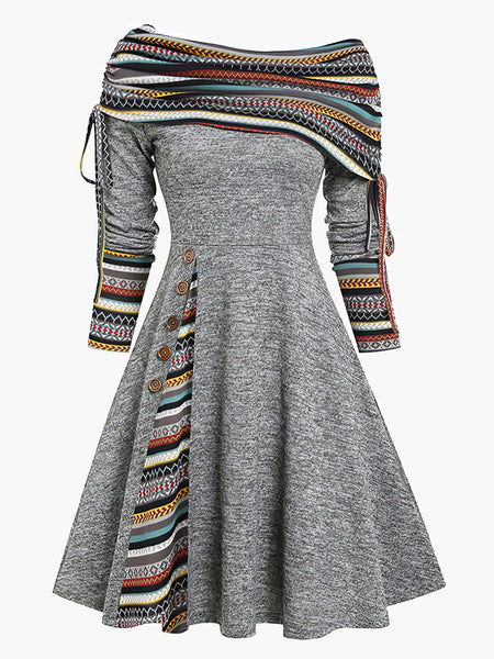 Enchanting Off Shoulder Long Sleeve Dress with Drawstring