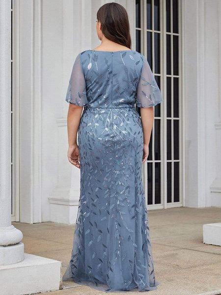Enchanting Plus Size V Neck Mermaid Sequin & Tulle Evening Gown