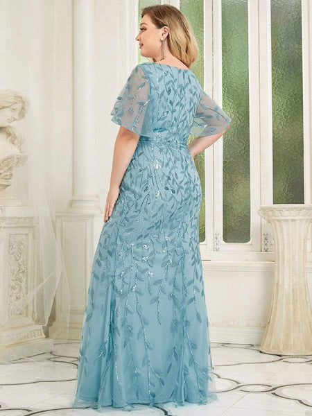 Enchanting Plus Size V Neck Mermaid Sequin & Tulle Evening Gown