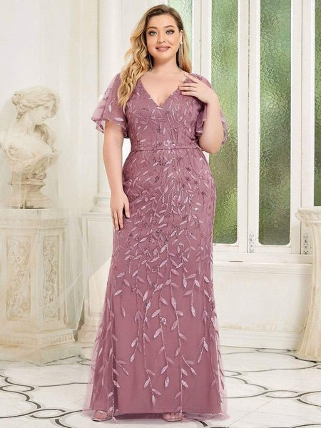 Enchanting Plus Size V Neck Mermaid Sequin & Tulle Evening Gown
