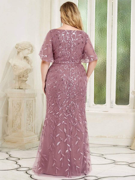 Enchanting Plus Size V Neck Mermaid Sequin & Tulle Evening Gown