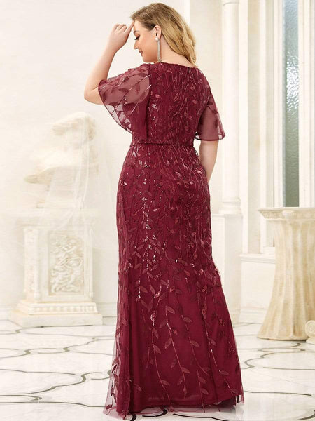 Enchanting Plus Size V Neck Mermaid Sequin & Tulle Evening Gown