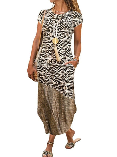 Ethnic Dress Shift Dress Boho Dress Midi Dress Khaki Short Sleeve Geometric Pocket Spring Summer Crew Neck Boho Weekend Loose Fit S M L XL XXL for Women