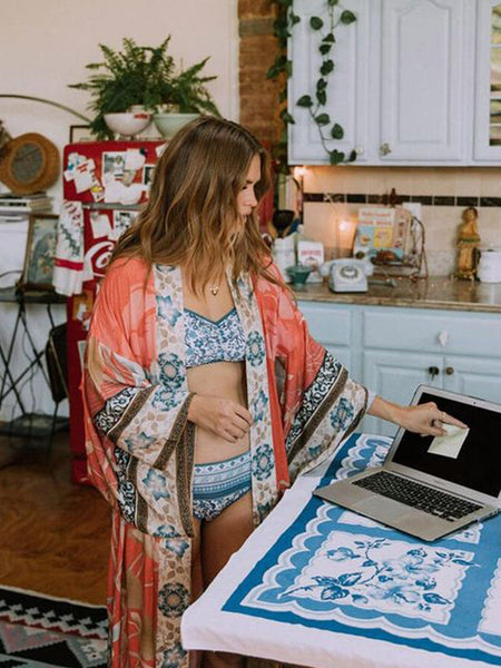 Ethnic Tribal Pattern Contrast Trim Loose Swim Robe Beach Cover Up Coat