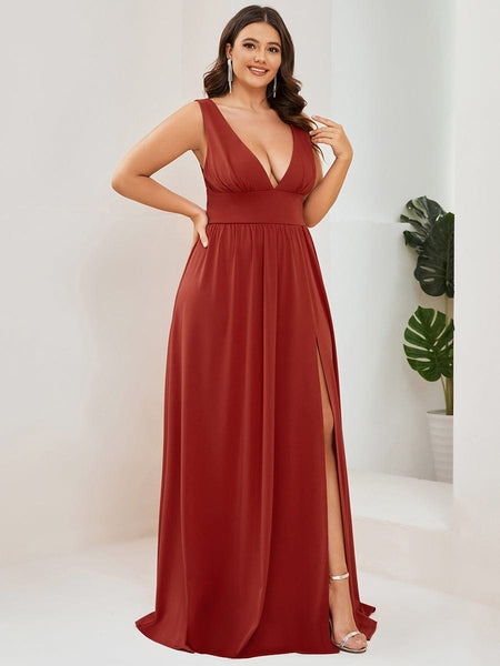 Evening Elegance Plus Size V-Neck Empire Waist High Slit Dress