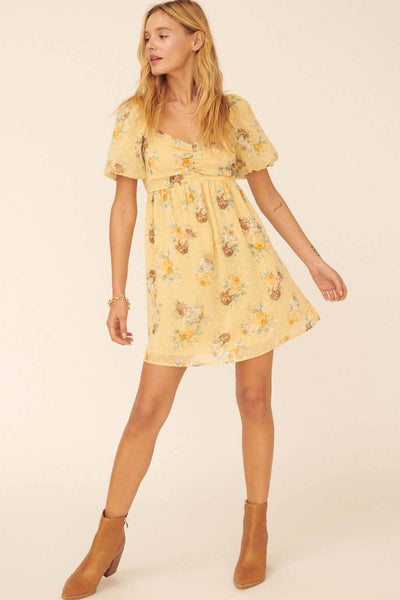 Floral Swiss Dot Sweetheart Smock Back Mini Dress
