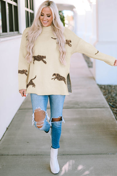 Trendy Women's Parchment Cheetah Print High Neck Sweater with Split Hem - Stylish Casual Knit for Everyday Wear