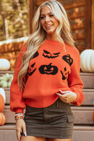 Women's Cozy Orange Pumpkin Face Sweater - Trendy Drop Shoulder Fall Fashion for Halloween Celebrations