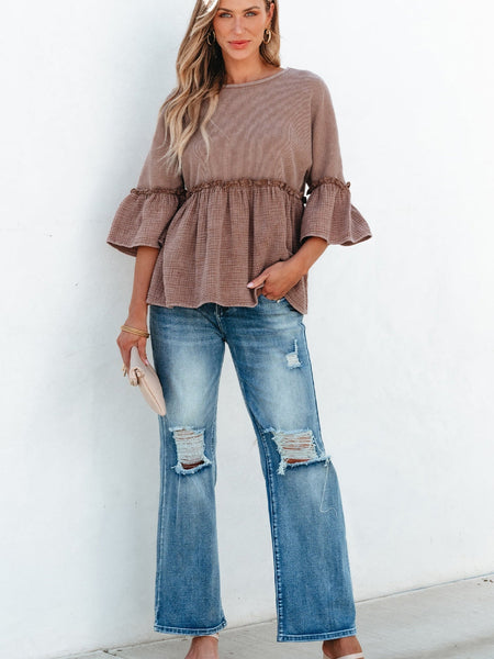 Ruffled Sleeve Colorblock Peplum Blouse