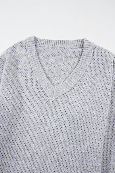 Trendy Light Grey Loose-Fit Eyelet V-Neck Sweater for Women with Drop Shoulder Design for Effortless Chic Style