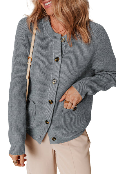 Women's Ribbed Viscose-Blend Crewneck Cardigan in Heather Grey